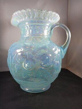 Fenton Opalescent Blue ‘Apple Tree’ Pitcher Large 9in Tall